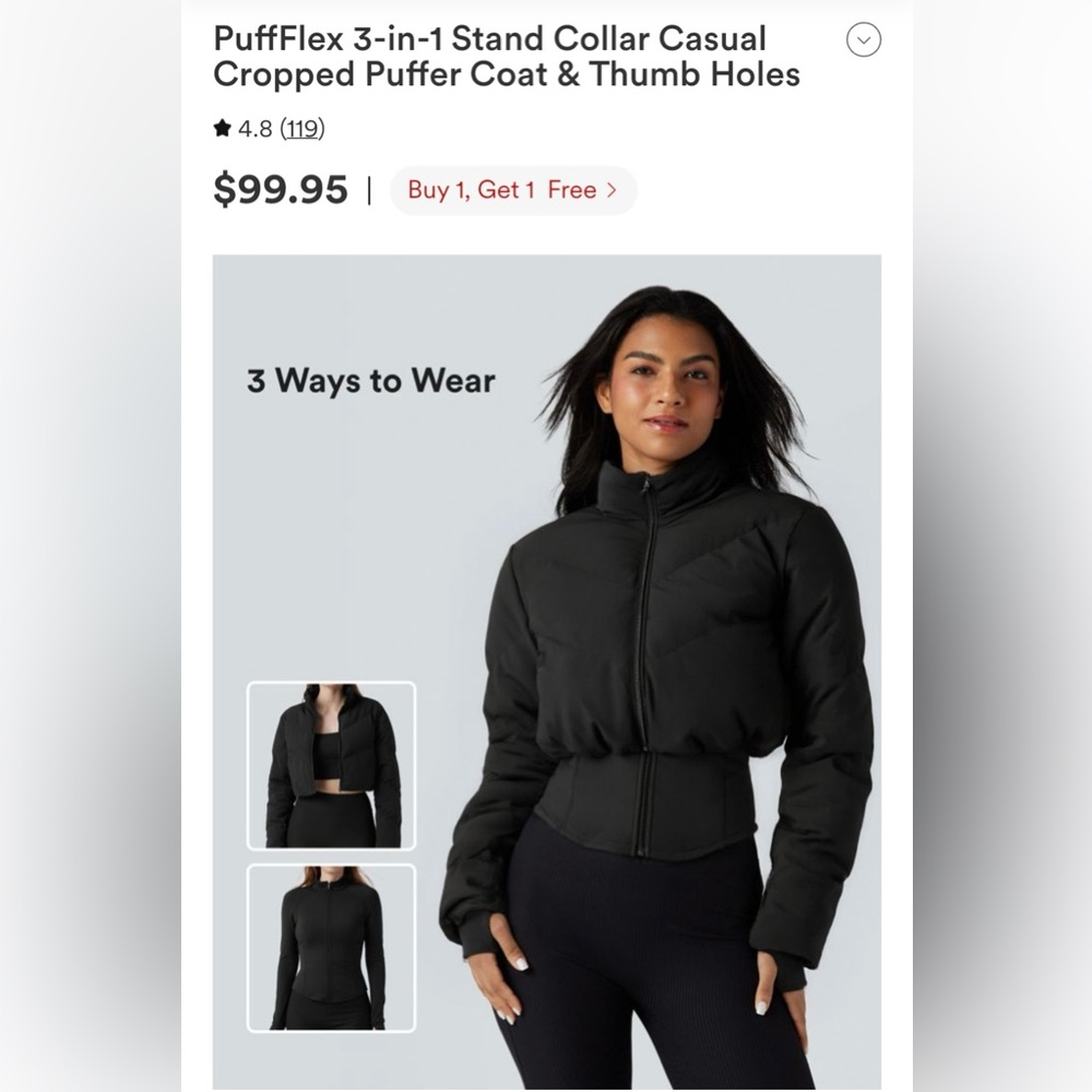 PuffFlex 3-in-1 Stand Collar Casual Cropped Puffer Coat & Thumb Holes